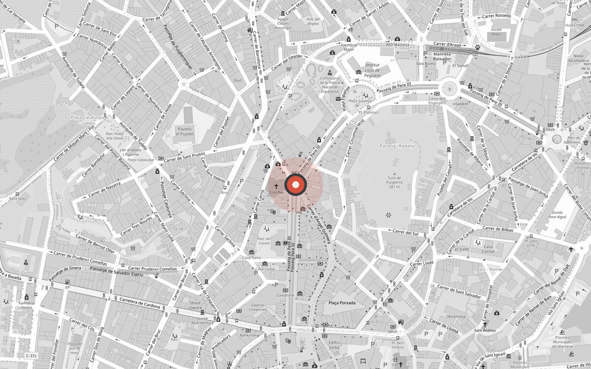 Mapa del centre de Manresa amb la plaça de Crist Rei marcada